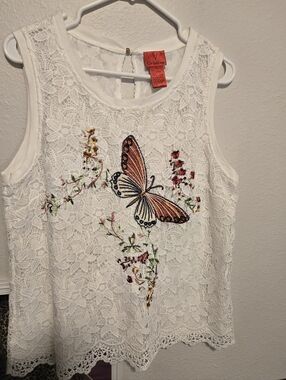 Christina White Lace Tank with Embroidered Orange Butterfly